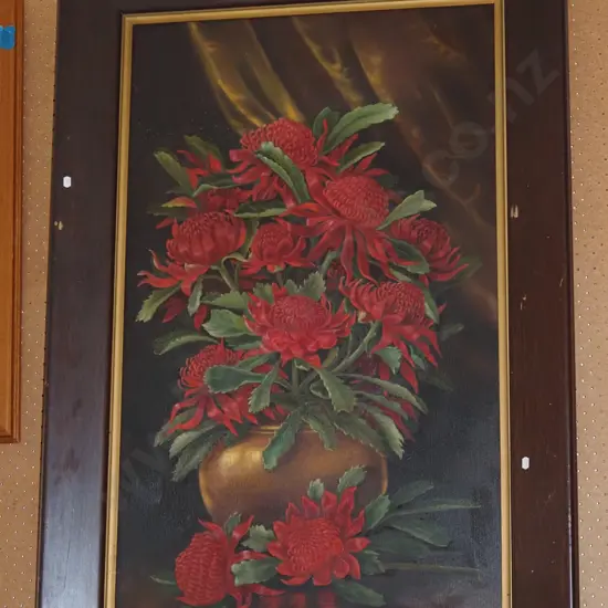 Margaret Pollock - framed oil on canvas - still life flowers H1170 W810 - some damage to frame