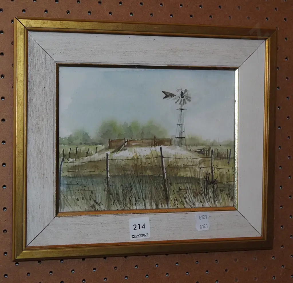 framed watercolour - fence and windmill Image 1++