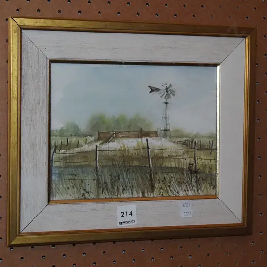 framed watercolour - fence and windmill