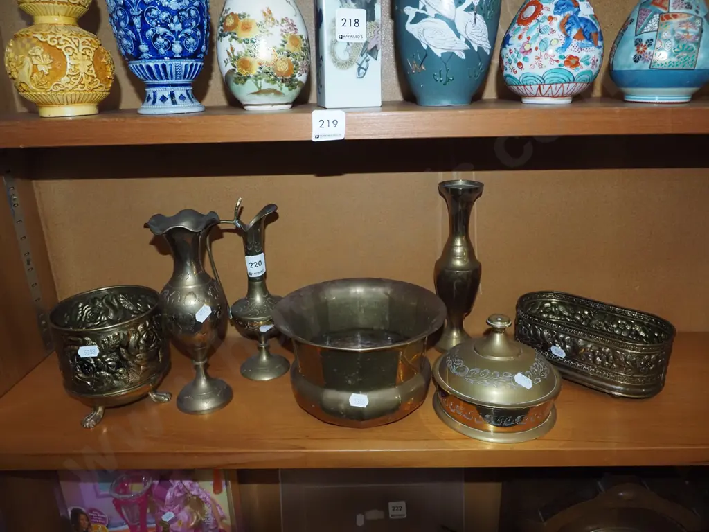 shelf of brass ware; bowls, vases etc Tallest H210 Image 1++
