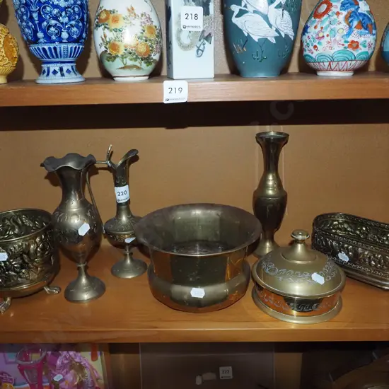shelf of brass ware; bowls, vases etc Tallest H210