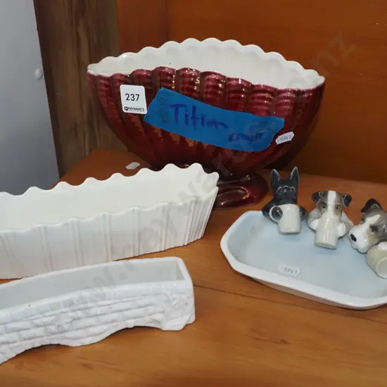 2x trough vases, Royal Copenhagen dog dish, Titian Ware  vase - crack