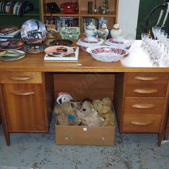 mid century 5 drawer 1 door kneehole study desk - some scratches to veneer H760 W1370 D610