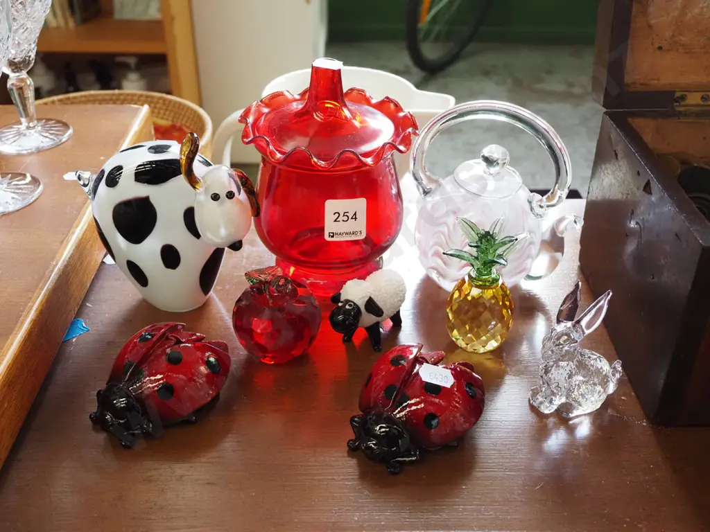 ruby glass canister, studio glass ornaments, crystal pineapple etc Image 1++