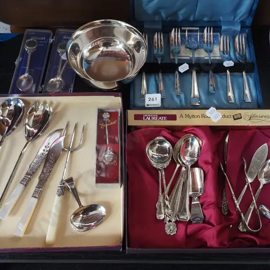 cased cutlery, plated footed bowl etc