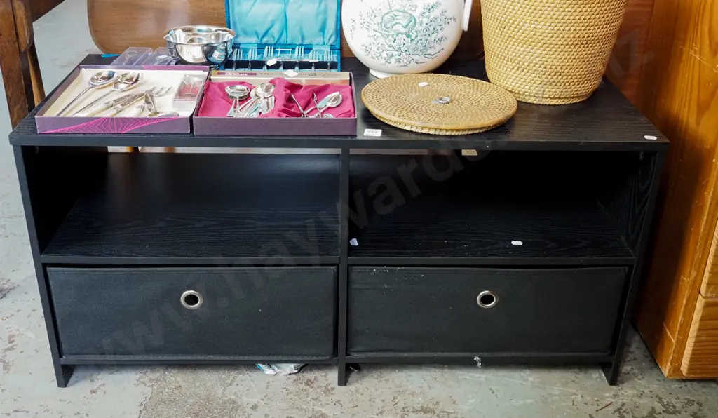 black stained mdf entertainment unit with 2 fabric basket drawers Image 1++