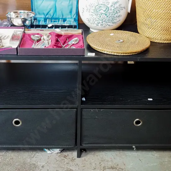 black stained mdf entertainment unit with 2 fabric basket drawers
