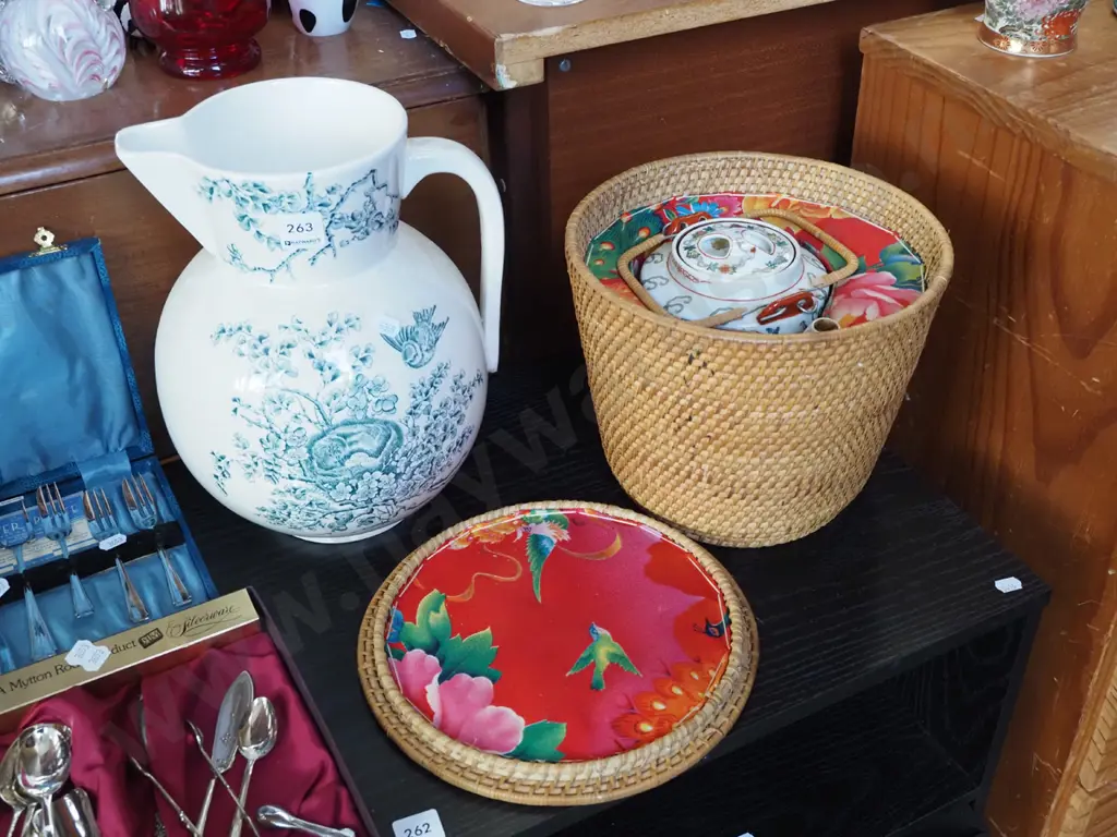 large Edwardian wash jug, Asian teapot, cane carry case/basket Image 1++