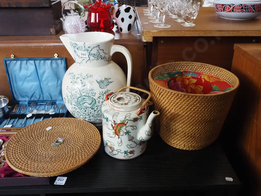 large Edwardian wash jug, Asian teapot, cane carry case/basket Image 1++