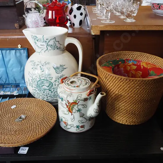 large Edwardian wash jug, Asian teapot, cane carry case/basket