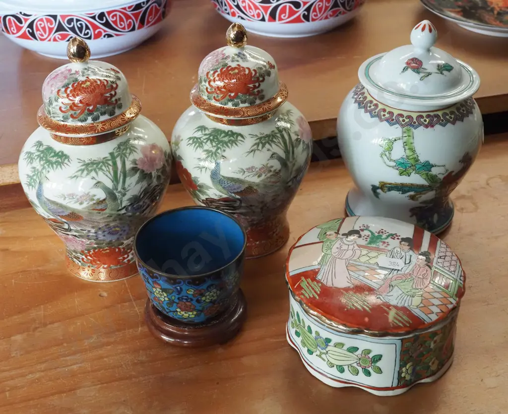 3x lidded canisters, cover pot, cloisonne cup on stand H190 Image 1++