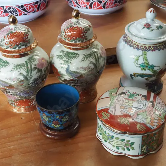 3x lidded canisters, cover pot, cloisonne cup on stand H190