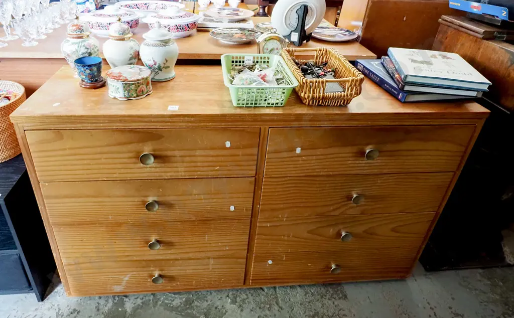 pine 8 drawer low boy H720 W1230 D350 - varnish needs attention Image 1++