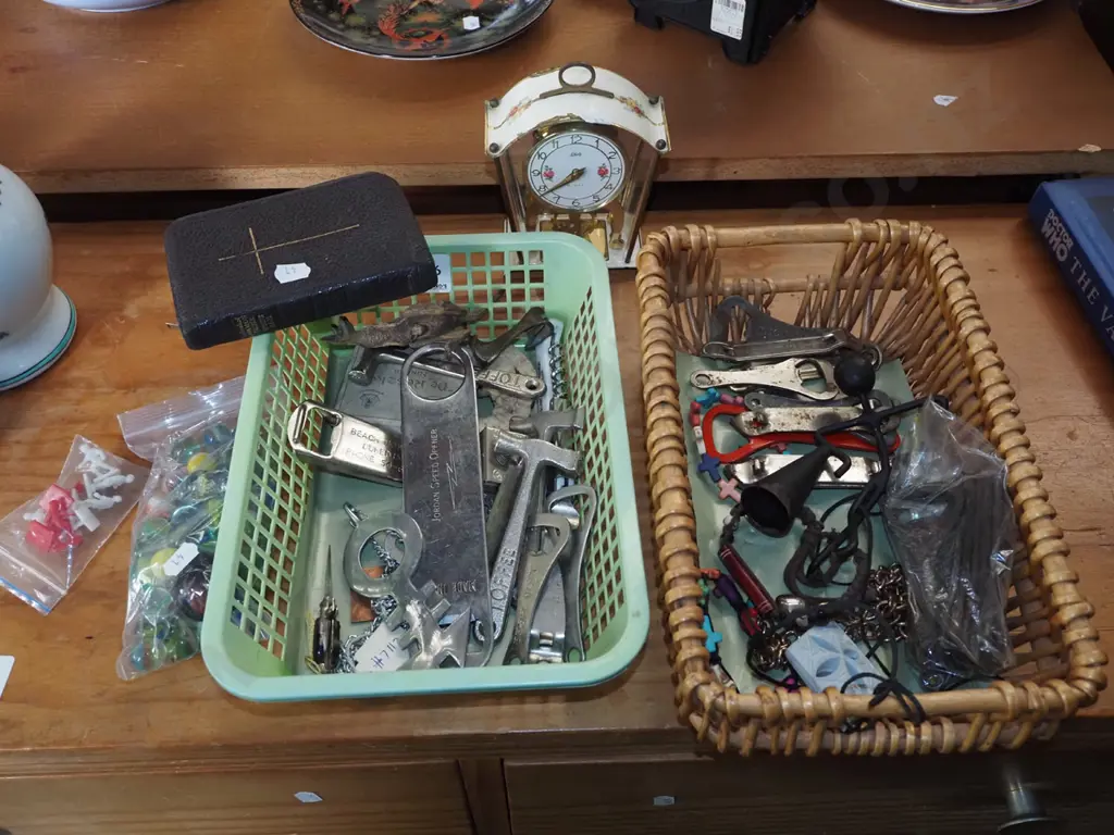 plastic basket, cane basket; bottle openers, marbles, kangaroo figurine, bibles, mantle clock etc Image 1++