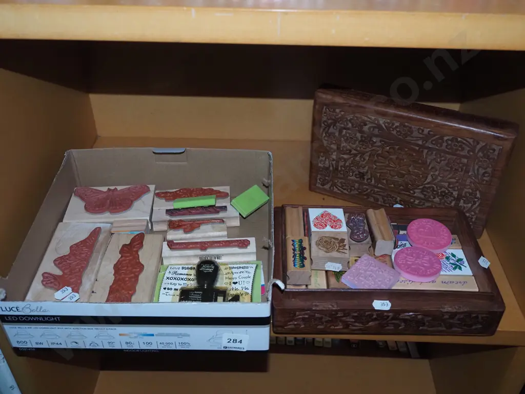 shelf of rubber craft stamps, chip carved box Image 1++