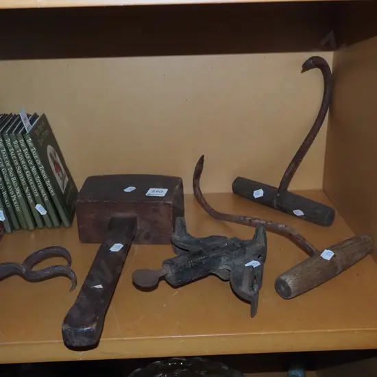 vintage tools, wooden mallet, bale hooks etc