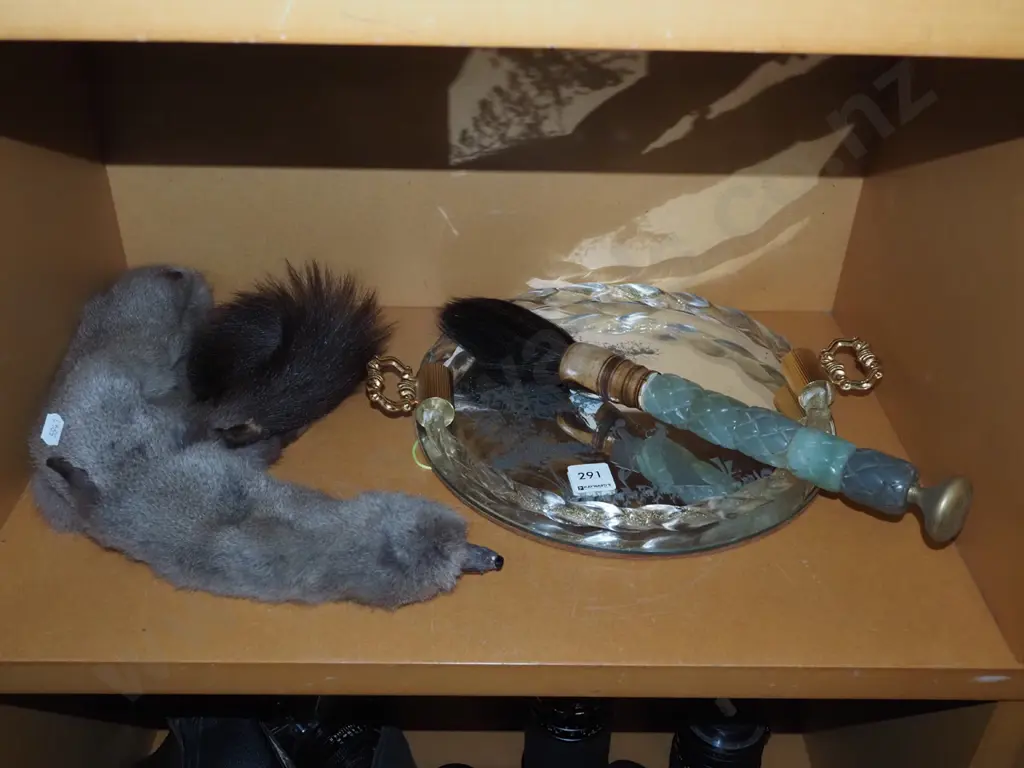 horse hair bush, animal fur stole, etched mirrored tray Image 1++