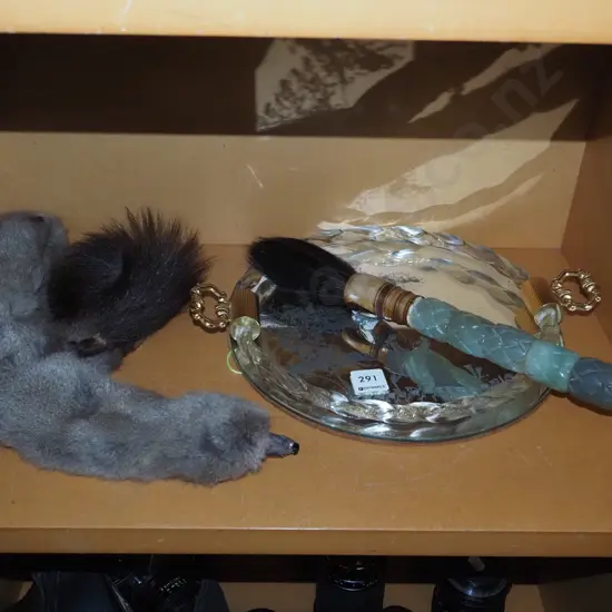 horse hair bush, animal fur stole, etched mirrored tray