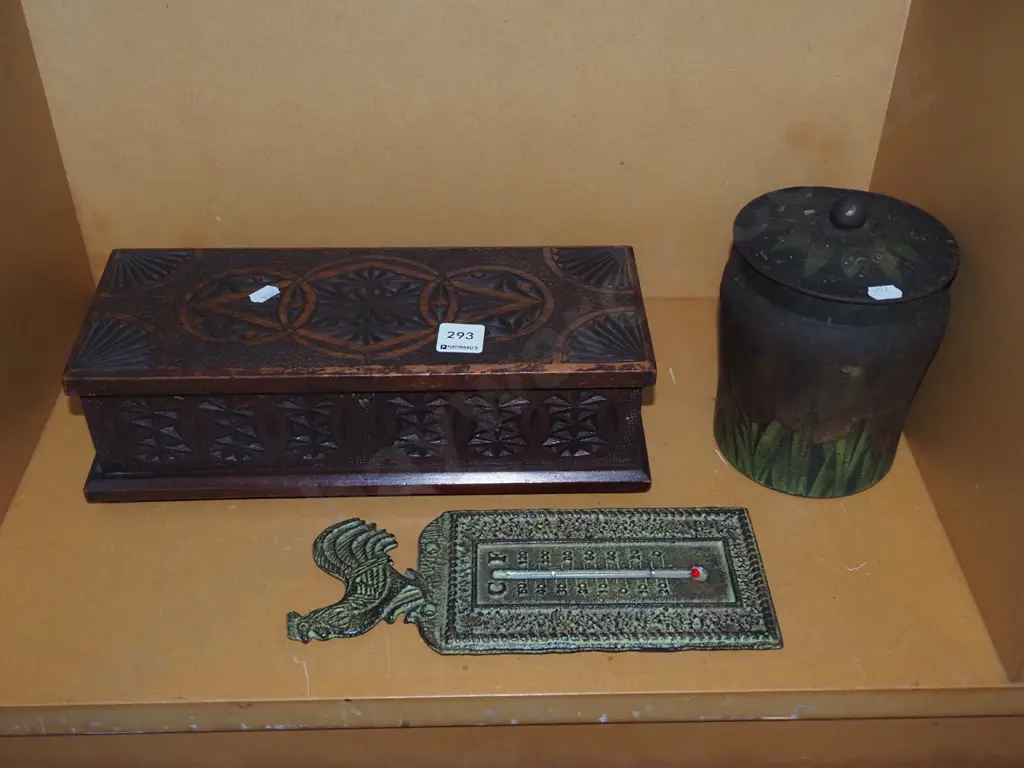 chip carved storage box, vintage tin, wall mounted thermometer Image 1++