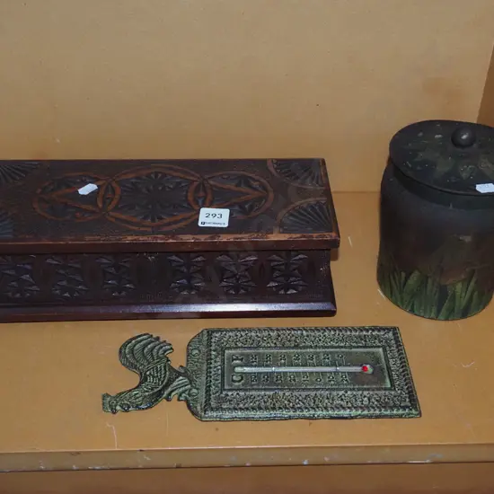 chip carved storage box, vintage tin, wall mounted thermometer