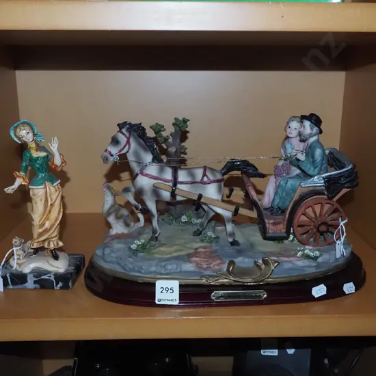 2x figurines  - horse and carriage, lady and dog Tallest H210