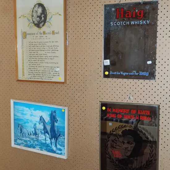 hologram horse print, religious print, Elvis mirror, Haig whisky mirror (silvering)