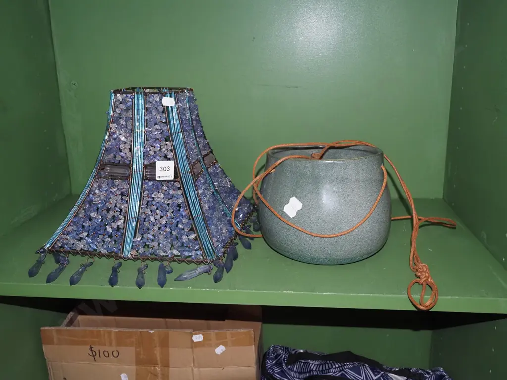 beaded blue plastic lamp shade, ceramic hanging jardiniere Image 1++