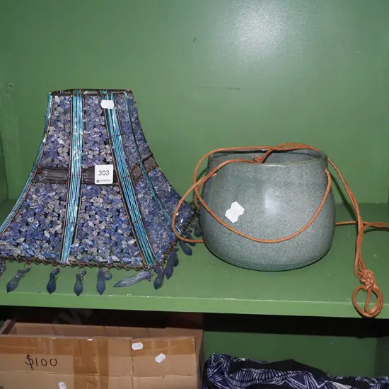 beaded blue plastic lamp shade, ceramic hanging jardiniere