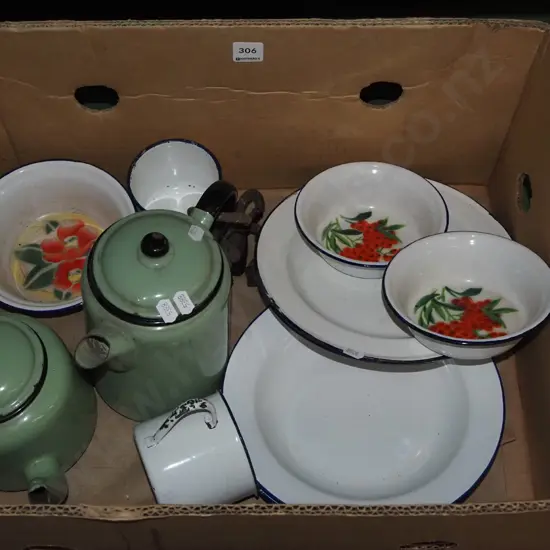 box; plates, bowls, kettle, jug