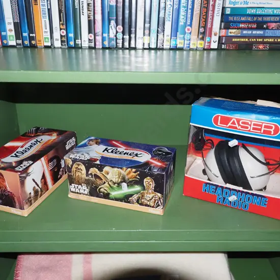 2x boxed Star Wars Kleenex tissues, pair of Laser radio headphones