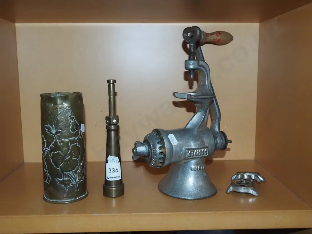 trench art vase, bench top mincer, brass kerosene candle Image 1++