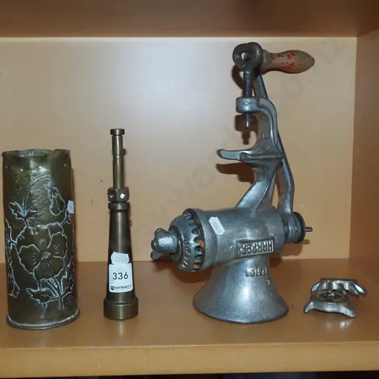 trench art vase, bench top mincer, brass kerosene candle