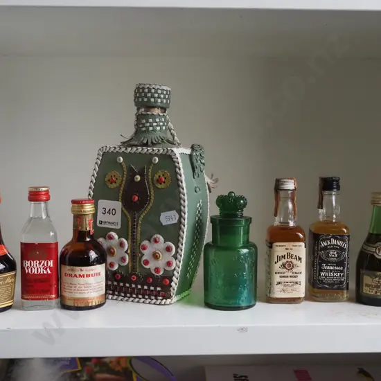 leather lidded decorative perfume bottle, spirit miniatures