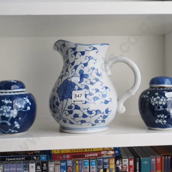 2x blue and white lidded ginger jars, blue and white jug H190