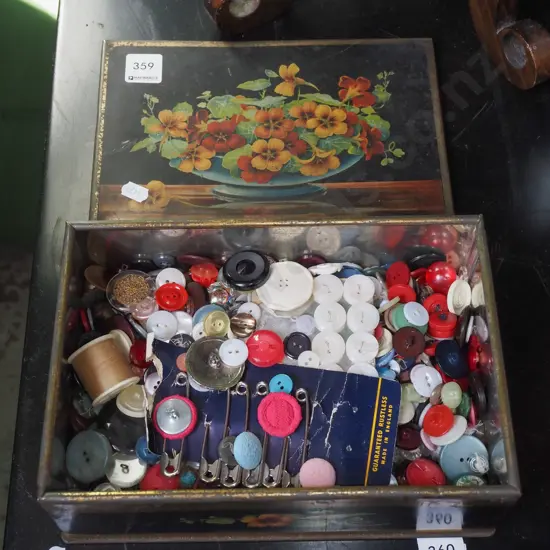 vintage tin of buttons etc