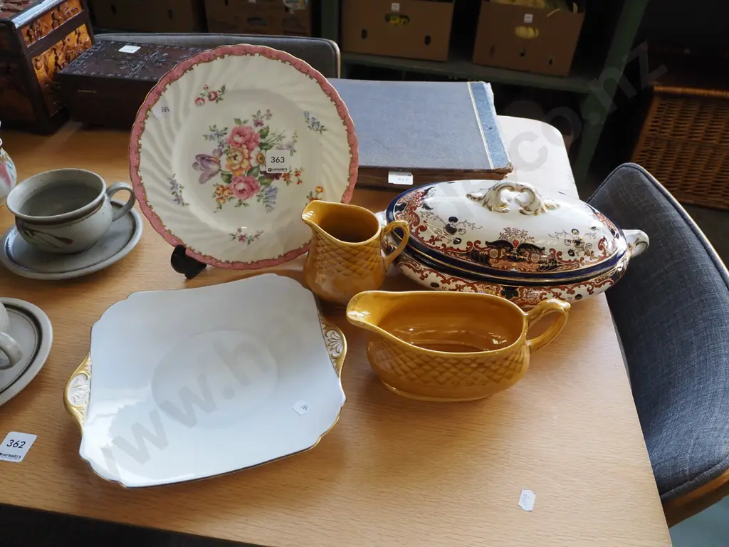 Staffordshire floral plate, lidded vege, gravy boat, creamer, Shelly square plate Image 1++