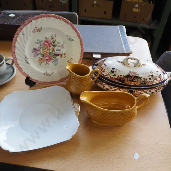 Staffordshire floral plate, lidded vege, gravy boat, creamer, Shelly square plate