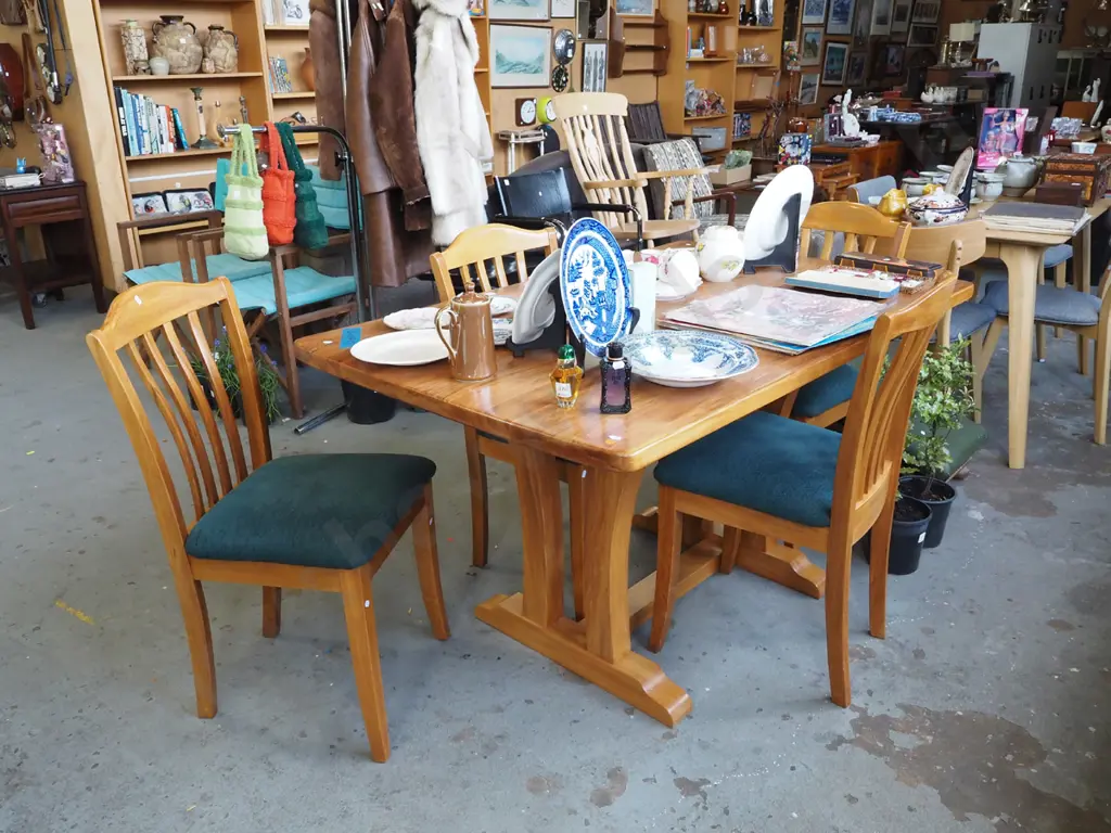 small rimu rectory based dining  table with 4 slat back chairs H760 W1410 D780 Image 1++