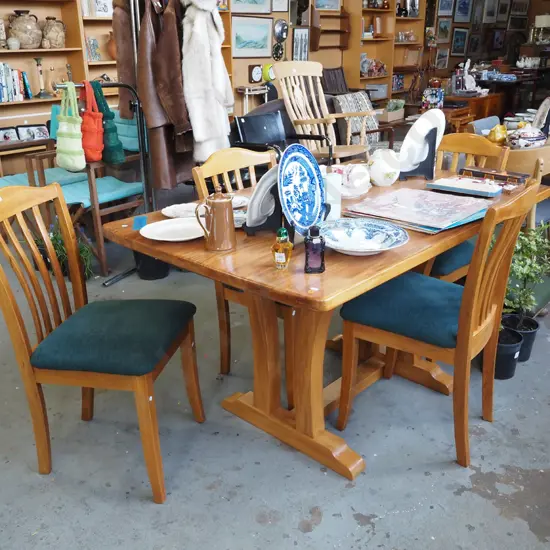 small rimu rectory based dining  table with 4 slat back chairs H760 W1410 D780