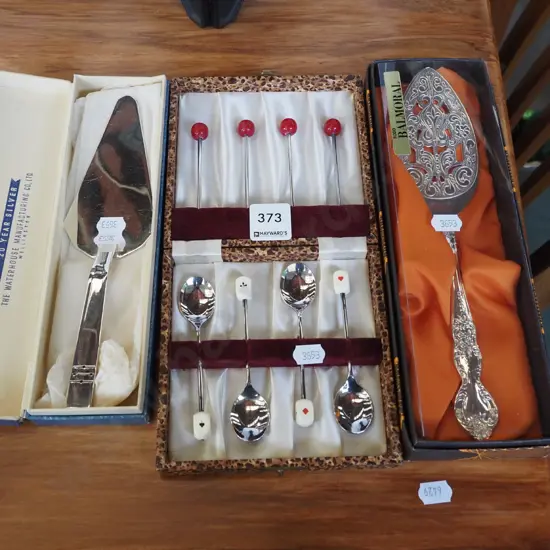 cased cake servers, cased coffee spoons, skewers