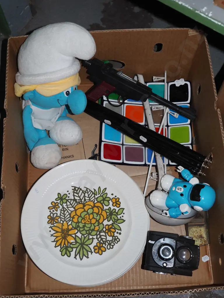 box; soft toy  Smurf, Crown Lynn plates etc Image 1++
