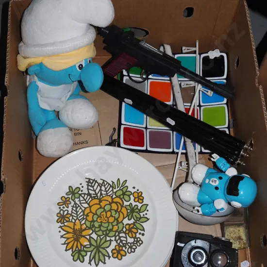 box; soft toy  Smurf, Crown Lynn plates etc