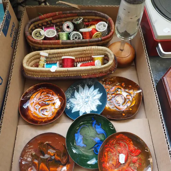 box; enamel dishes, sand art glass, cane baskets, sewing threads