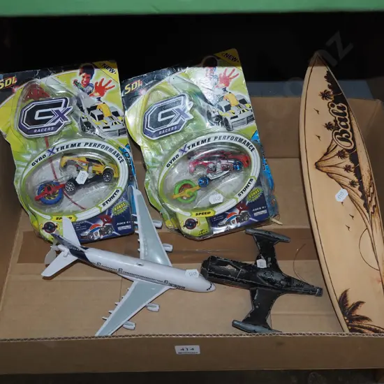 box; toys, model planes, surfboard