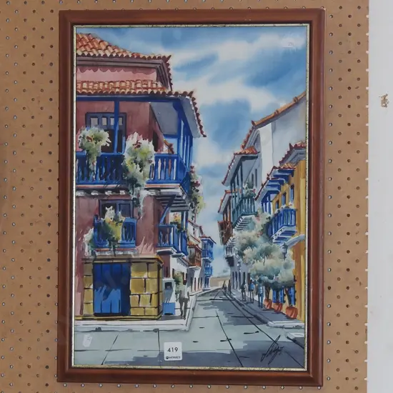 framed watercolour - street scene