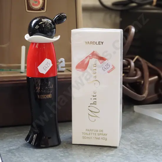 Yardley White Satin 50ml toilet spray, bottle of Moschino 25ml eau de toilette