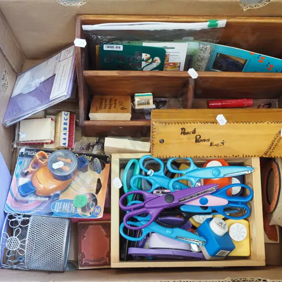 box; crafting scissors, oval cutter, letter rack etc