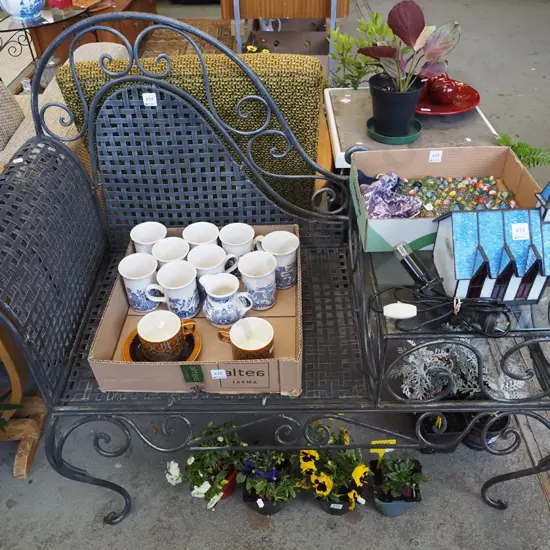 wrought metal patio chair with glass side table H970 W1050 D460