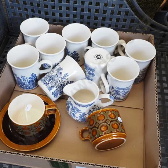 Churchill willow pattern coffee cups, creamer, Hornsea cups and saucer
