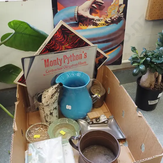 box; maps, oiler, LP, glass jug etc